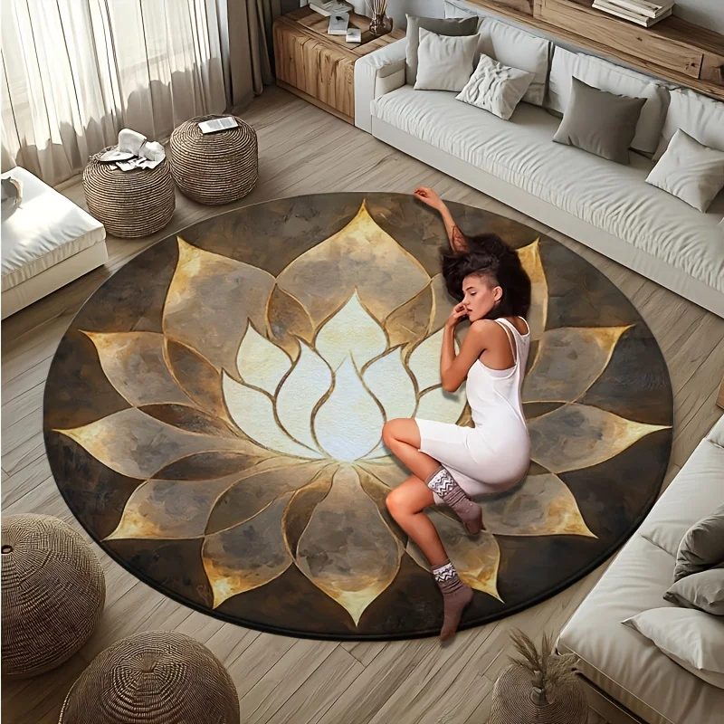 VIKAMA Vintage Gold Lotus Circular Rug Non Slip Stain Resistant Zen Spiritual Mat Cozy Aesthetic Living Room Indoor Decor
