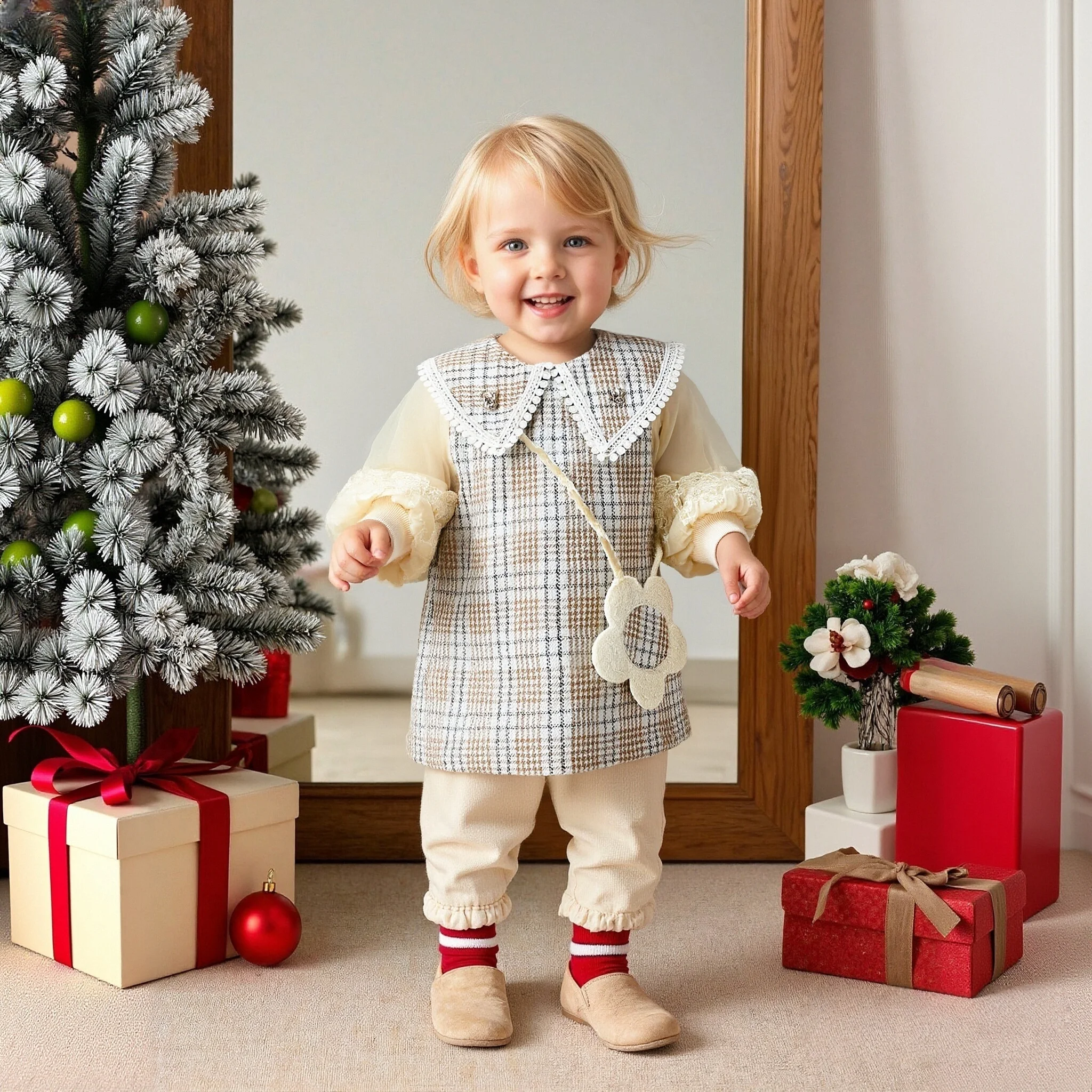 

Baby Girl Dress Spring And Autumn Plaid Doll Collar Lace Edge Girl Kid's Dress Cute Casual Children Dresses With Bag