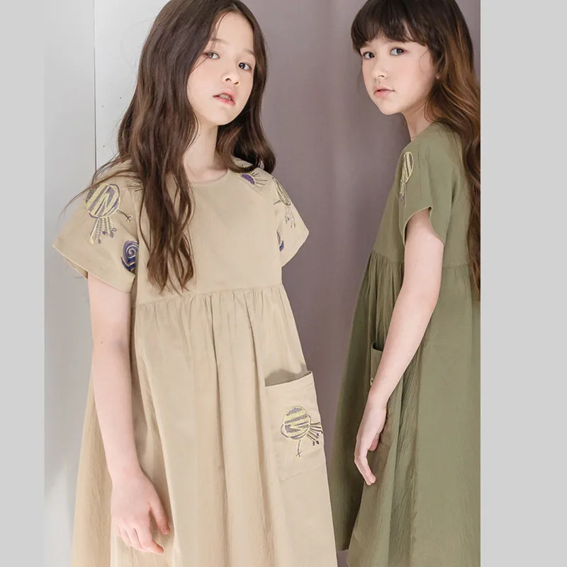 2024 Korean Summer School Girl Straight Dress Teenager Girl Cotton Embroidery One-piece Dress Junior Girl Retro Casual Dress