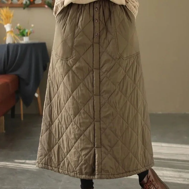 

Thiened Mid-Length A-Line Skirt High Waist Commuter Sle Women's Faion Retro Diamond Pattern Vehicle Windproof