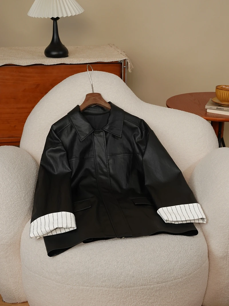 Cool Bla PU cuir Jaet femmes longue fermeture éclair rouleau Sve col montant Thiened coupe droite Sle Faionable vêtements d'extérieur