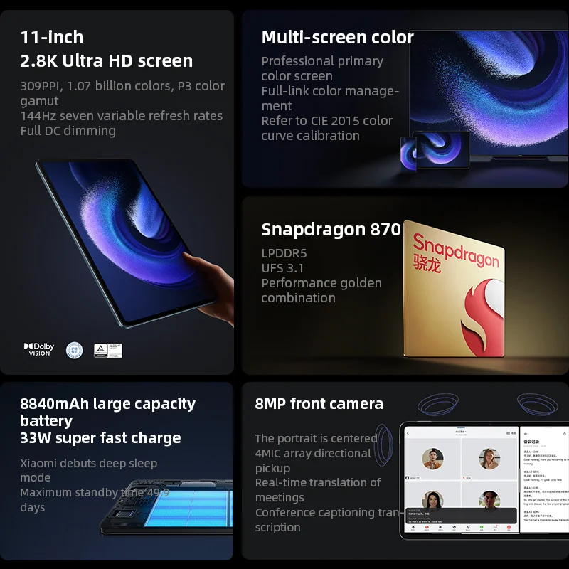 Global ROM Xiaomi Pad 6 Snapdragon 870 Octa Core 144Hz 2.8K Screen 8840mAh Battery 33W Charge Bluetooth 5.2