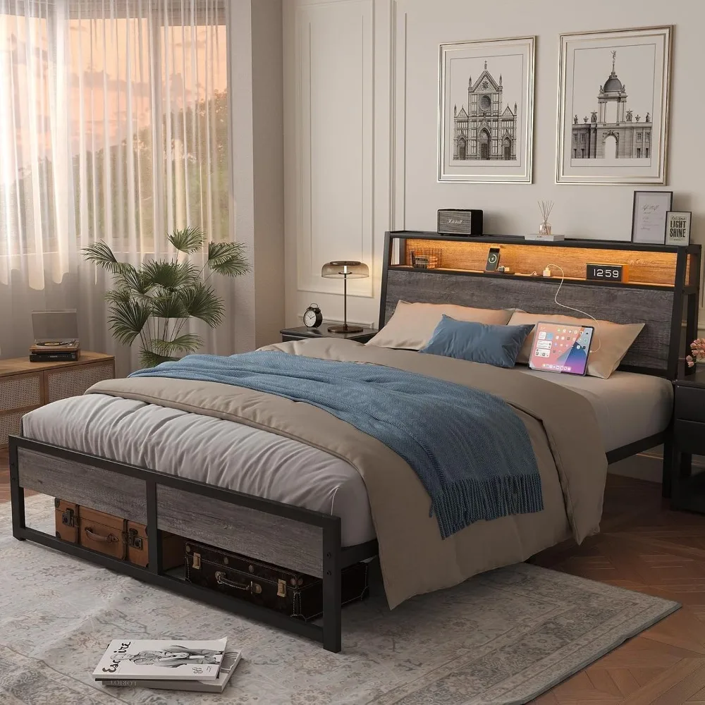 Queen Bed Frame with Charging Station and Storage, Metal Platform Queen Size Bed Frame with LED Lights and Ergonomic Headboard,