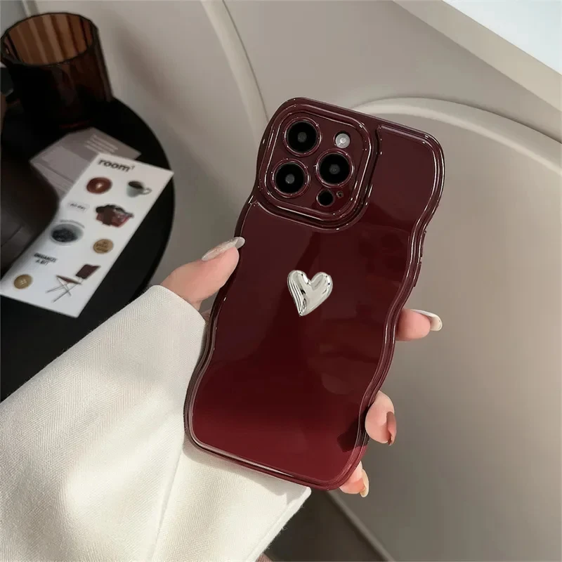 Unique Air Cushion Wave Gorgeous Wine Red Heart Case For iPhone 11 12 13 14 15 Plus 16 Pro Max Protection Shockproof Soft Cover