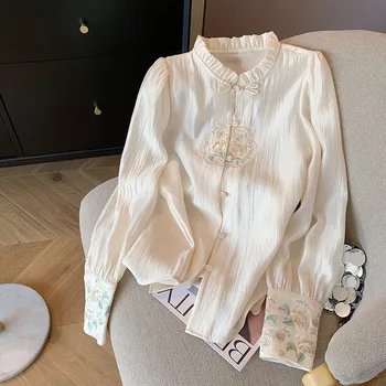 Satijn Chinese stijl damesshirt Borduren Vintage blouses Zijde Mode Kleding Losse lange mouwen Dames Tops