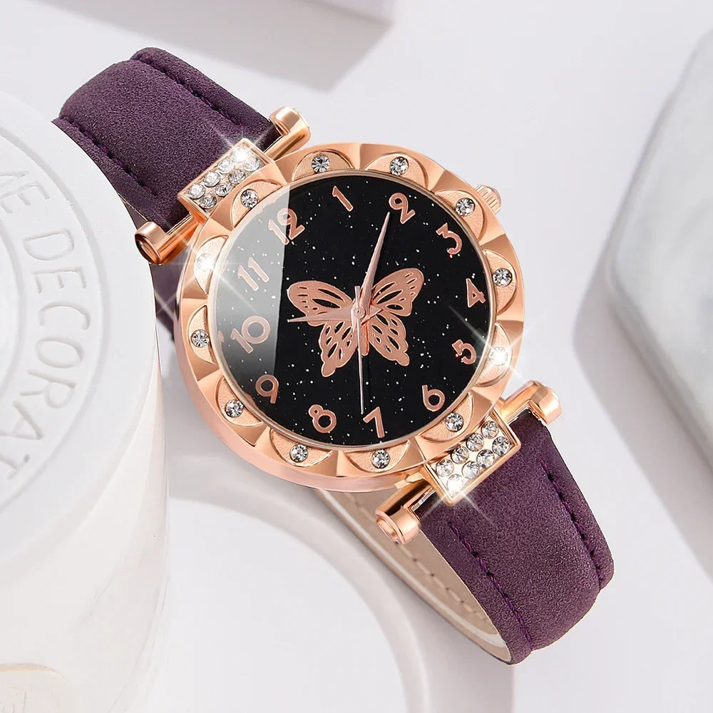 5PCS/Set Purple Women Watch Butterfly Element Black Dial Quartz Wristwatch Frosted Strap Watch Jewelry Set Gift For Girls