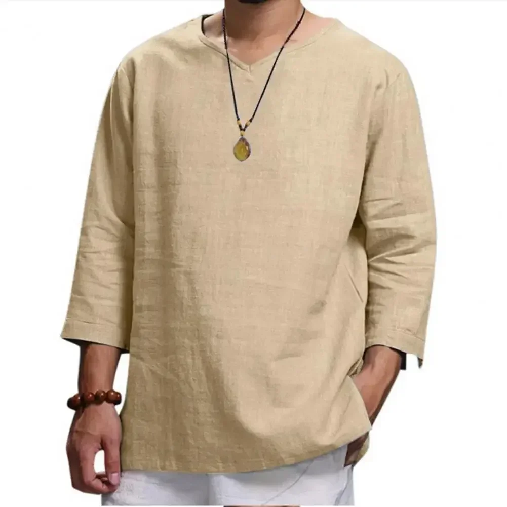 

New Cotton Linen Men's 3/4 Sleeve V-Neck T-shirt Casual Loose Pullover Shirts Men Long Sleeve Solid Casual Basic Beach Shirt