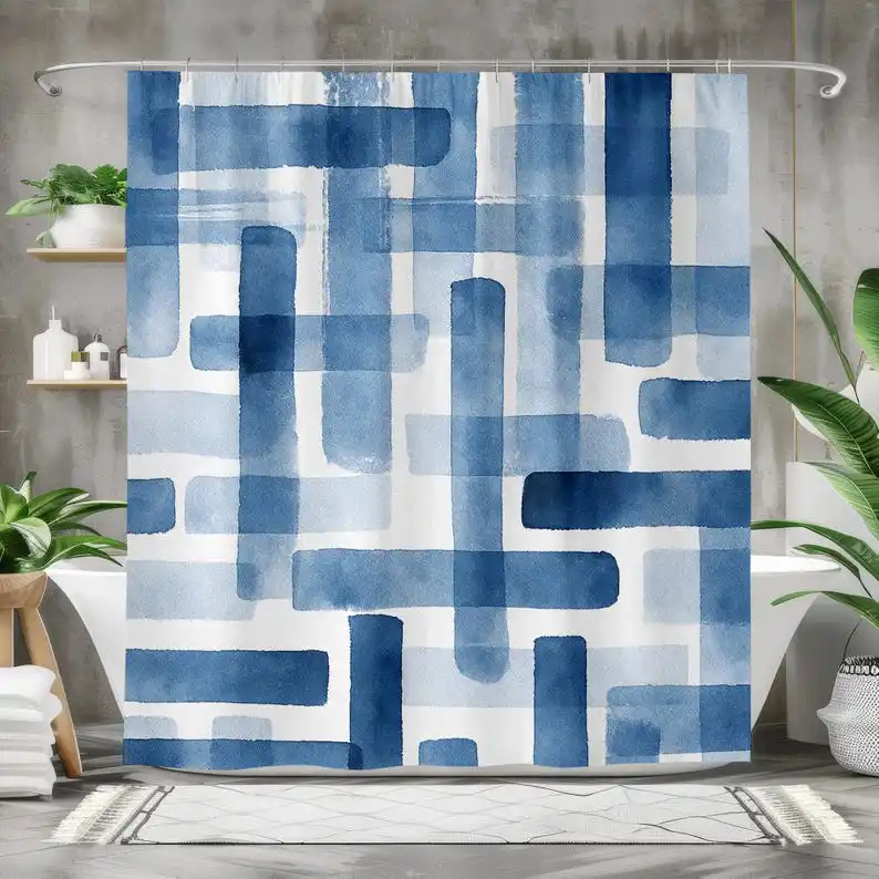 

Blue Watercolor Shower Curtain, Modern Abstract Bathroom Art, Minimalist Geometric Design, Cool Scandinavian Decor