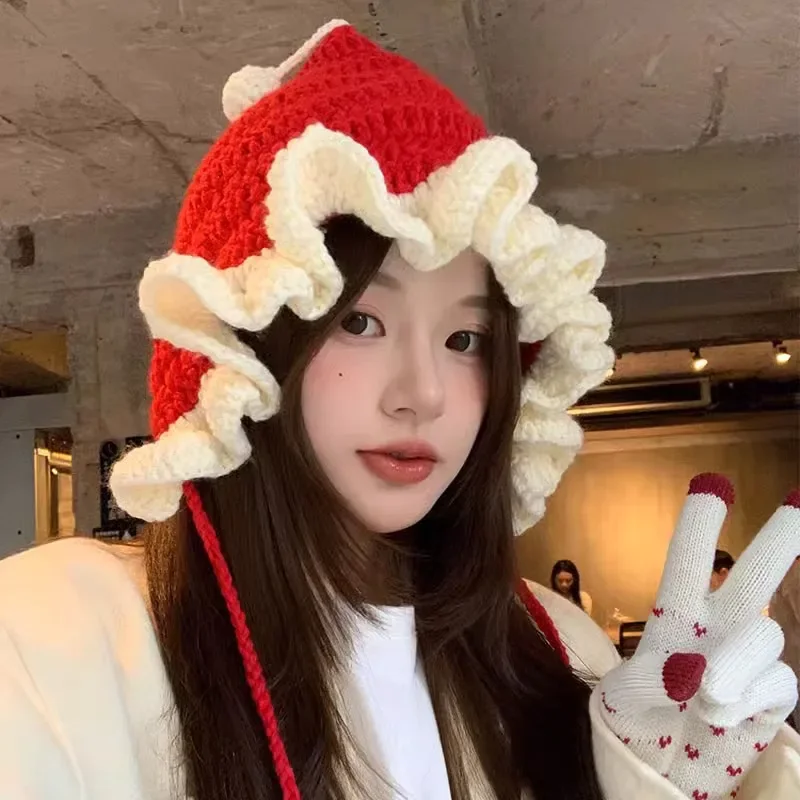 Korean Sweet Hand-crocheted Pullover Knitted Hat Women Winter Cute Warm Earflap Lace-up Color Matching Lace Pullover Beanie Cap