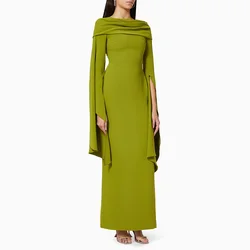 Elegant Formal Party Dresses for Women 2024 Off the Shoulder Evening Gowns Maxi Long Sleeves Pleats Green Wedding Evening Dress