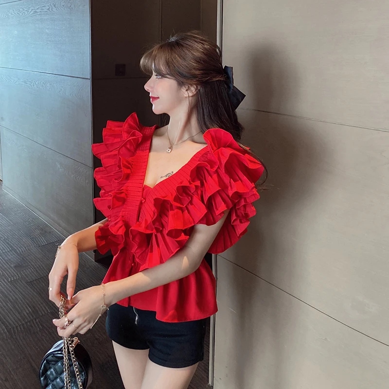 Pleated New Blusas V-neck Layered Ruffled Flying Sleeve Slim Waist Shirts Women\'s Spring Summer French Style Blouses