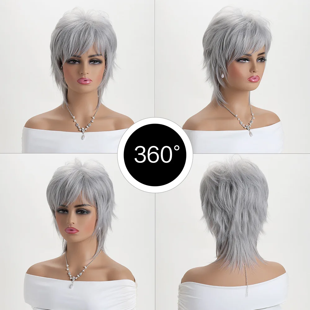 European and American Short Straight Synthetic Hair Wig Women Silver-white Fashionable Fluffy Chemical Fiber Headgear Wig