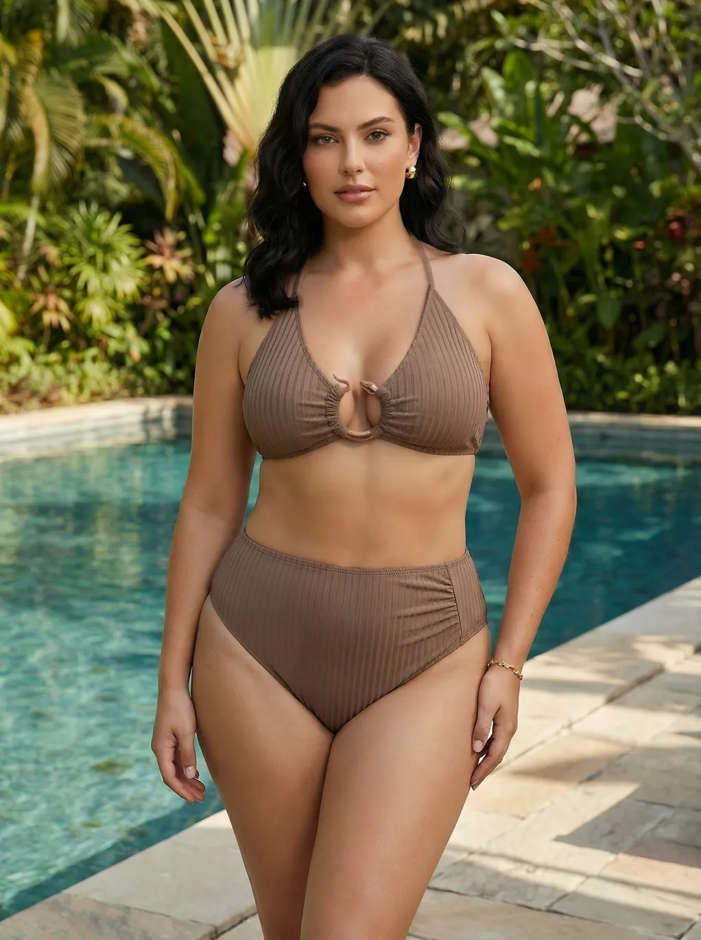 

2026 Women's New Brown Striped Ribbed Two-Piece Swimsuit with Snake-Shaped Accessories | Tummy Control Swimwear for Curvy Women