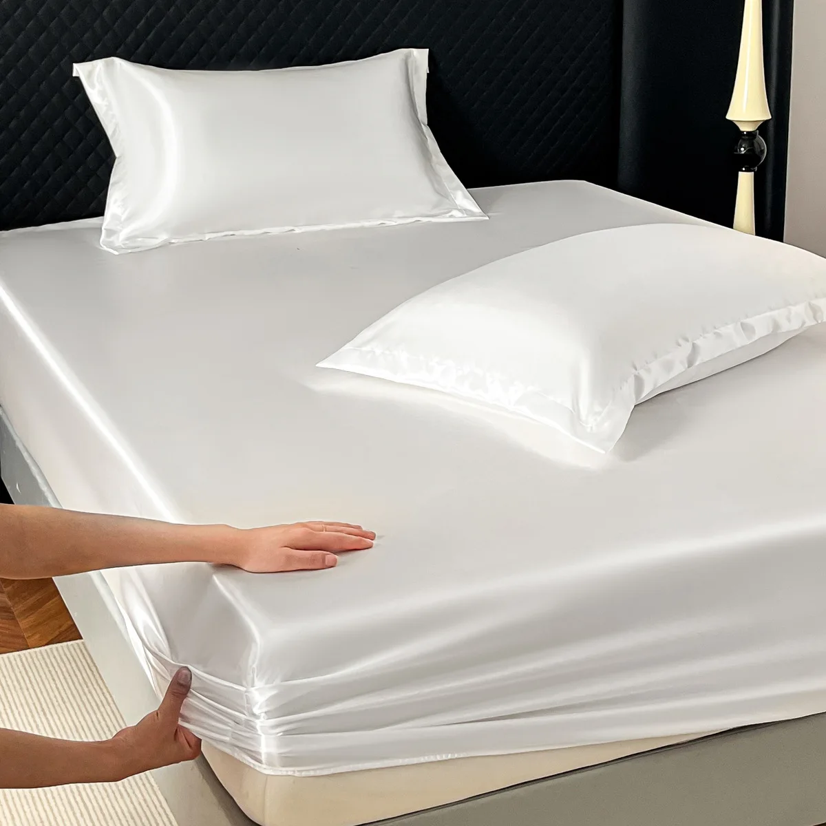 3Pcs Luxury Satin Fitted Sheet Set Soft Comfortable Breathable Solid Color Bedding Mattress Protector Set for Double Full Size