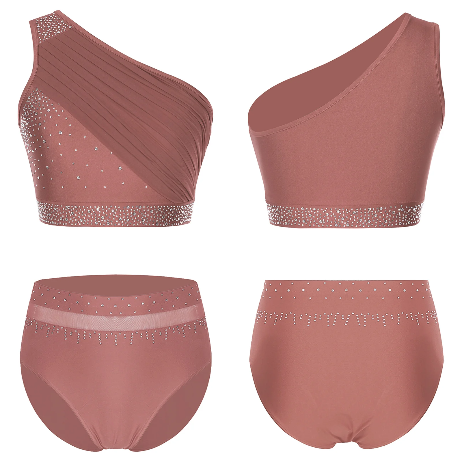 

Women Figure Skating Dance Costume Set One-Shoulder Ruched Mesh Rhinestone Crop Top Elastic Briefs Stage Performance Dancewear