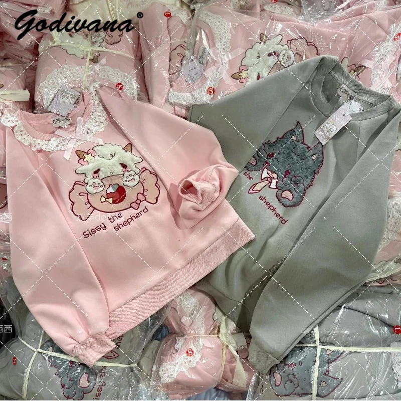 Original Cartoon Little Lamb and Big Wolf Couple's Fleece-lined Hoodies New Autumn and Winter Kawaii Loose Pullover Sweatshirt