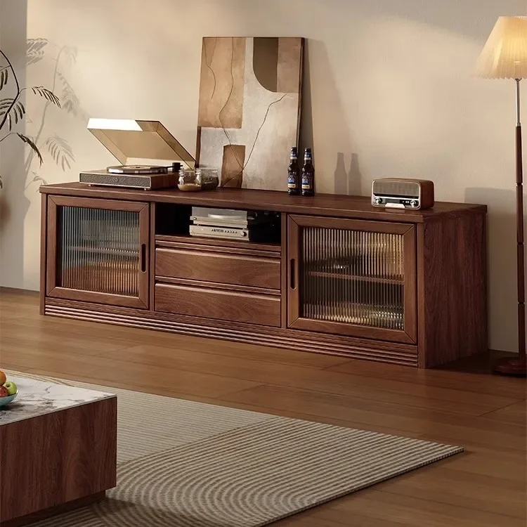 Solid Wood Walnut Tv Cabinet Small Living Room Apartment Storage Retractable Floor