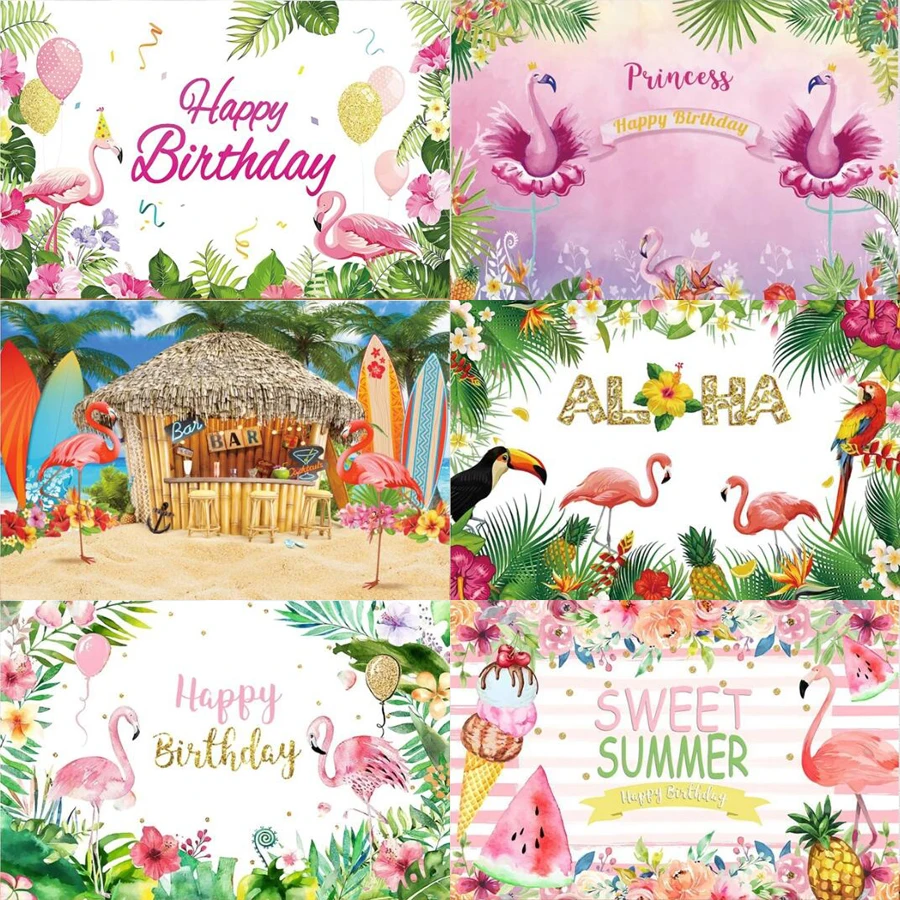 Fondo de fotografía de verano, hojas de plantas tropicales, flamenco, flor, fondo de fiesta de cumpleaños de bebé, cartel para estudio fotográfico