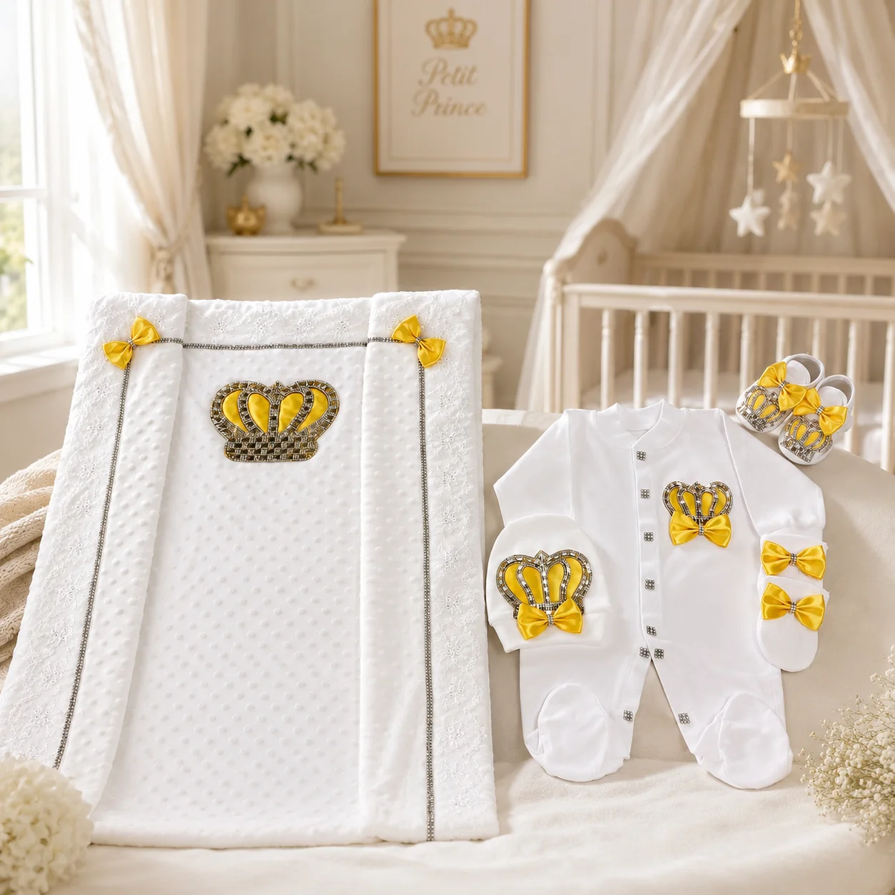 Light Luxury Noble Newborn Rhinestone Crown 5 Piece Set Handmade Satin Bow Breathable Bubble Baby Daily Outfit