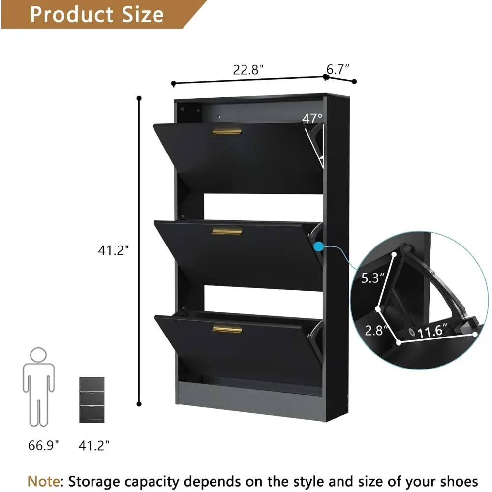 Schoenenkast voor entree Slanke, smalle schoenenopbergkast met 3 klapladen, houten verborgen schoenenopberger, vrijstaande schoenen Org