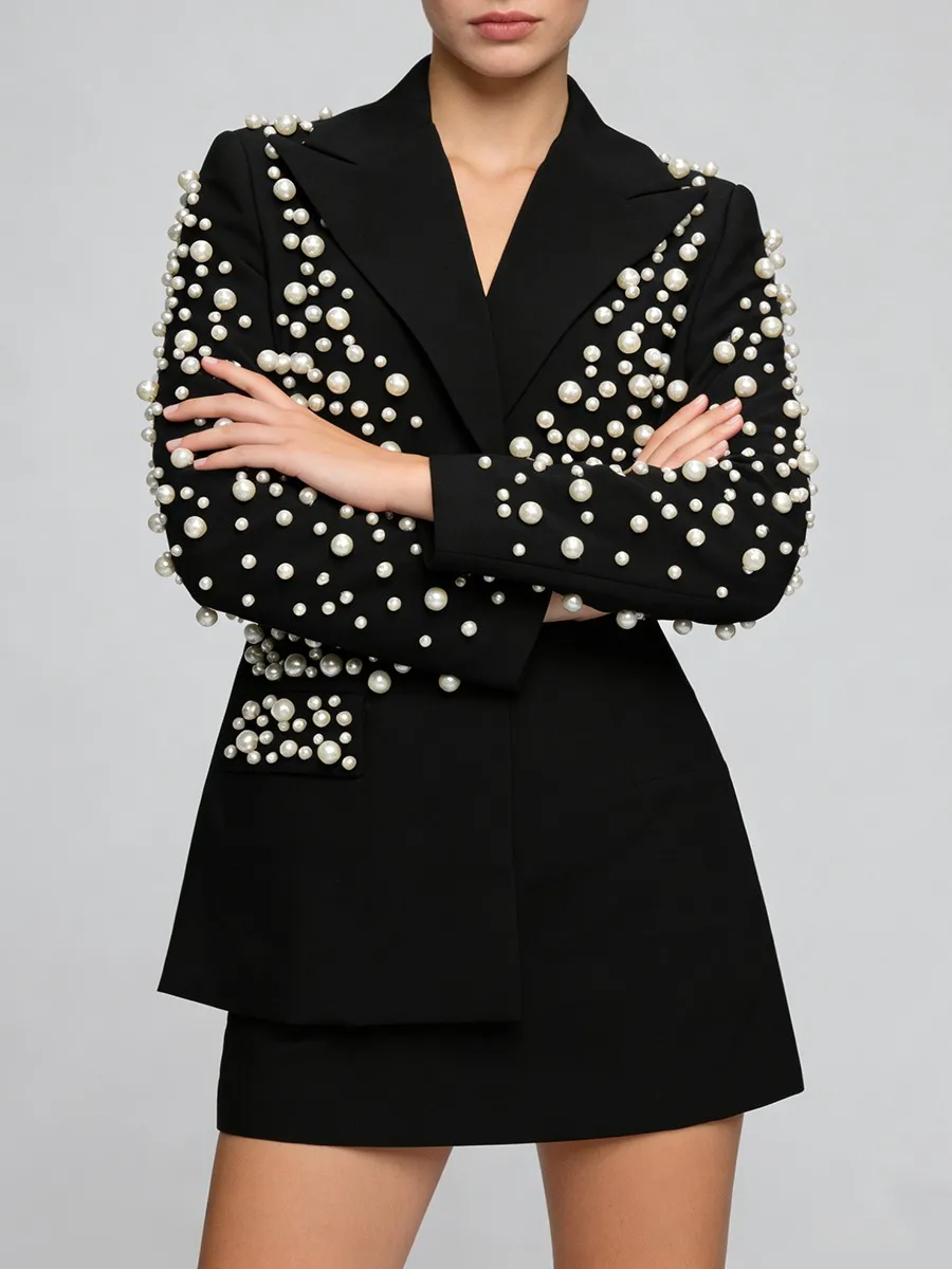 TWOTWINSTYLE Luxurious Suit Two Piece Sets for Women Lapel Long Sleeves Spliced Bead Blazer High Waist Mini Skirt Set Female New