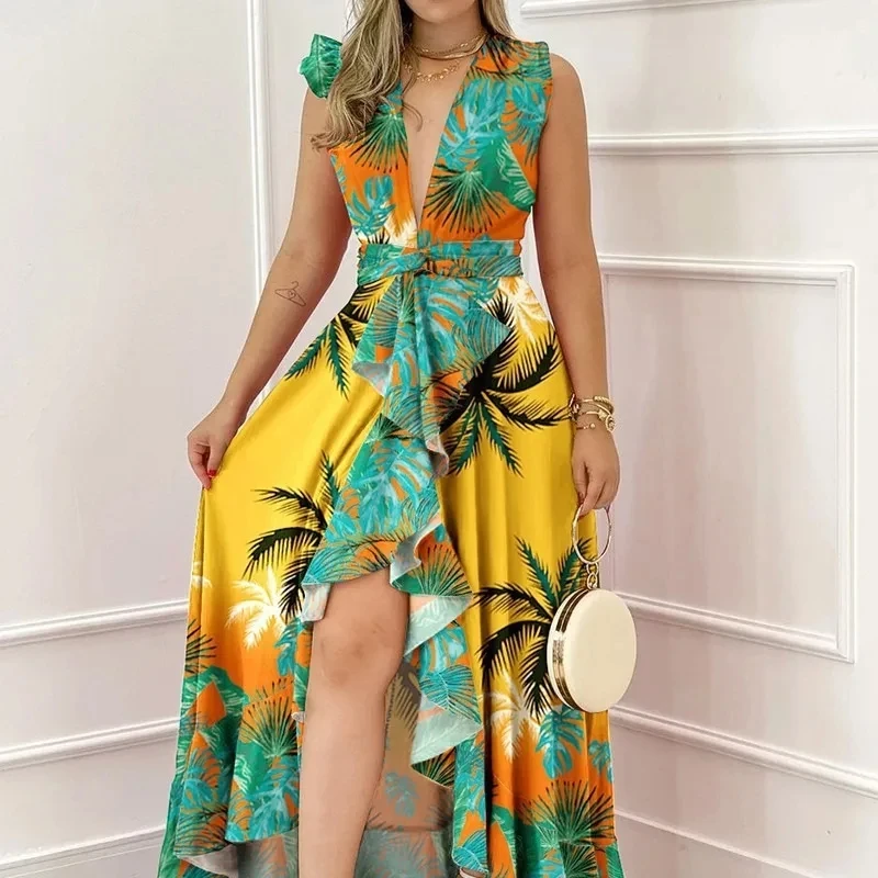 

2025 Summer New Tropical Print Deep V Neck Sleeveless High Waist Irregular Hem Vacation Style Dress Women Outfit