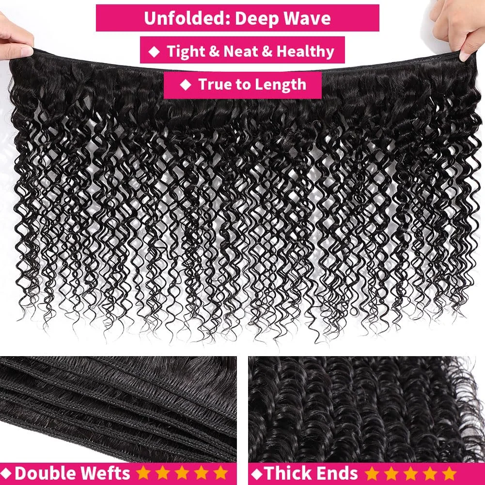 Bundles de tissage de cheveux humains Deep Wave, 100% cheveux humains bruts non transformés, cheveux bouclés indiens, support riche, extensions de cheveux vierges ondulés, 12A