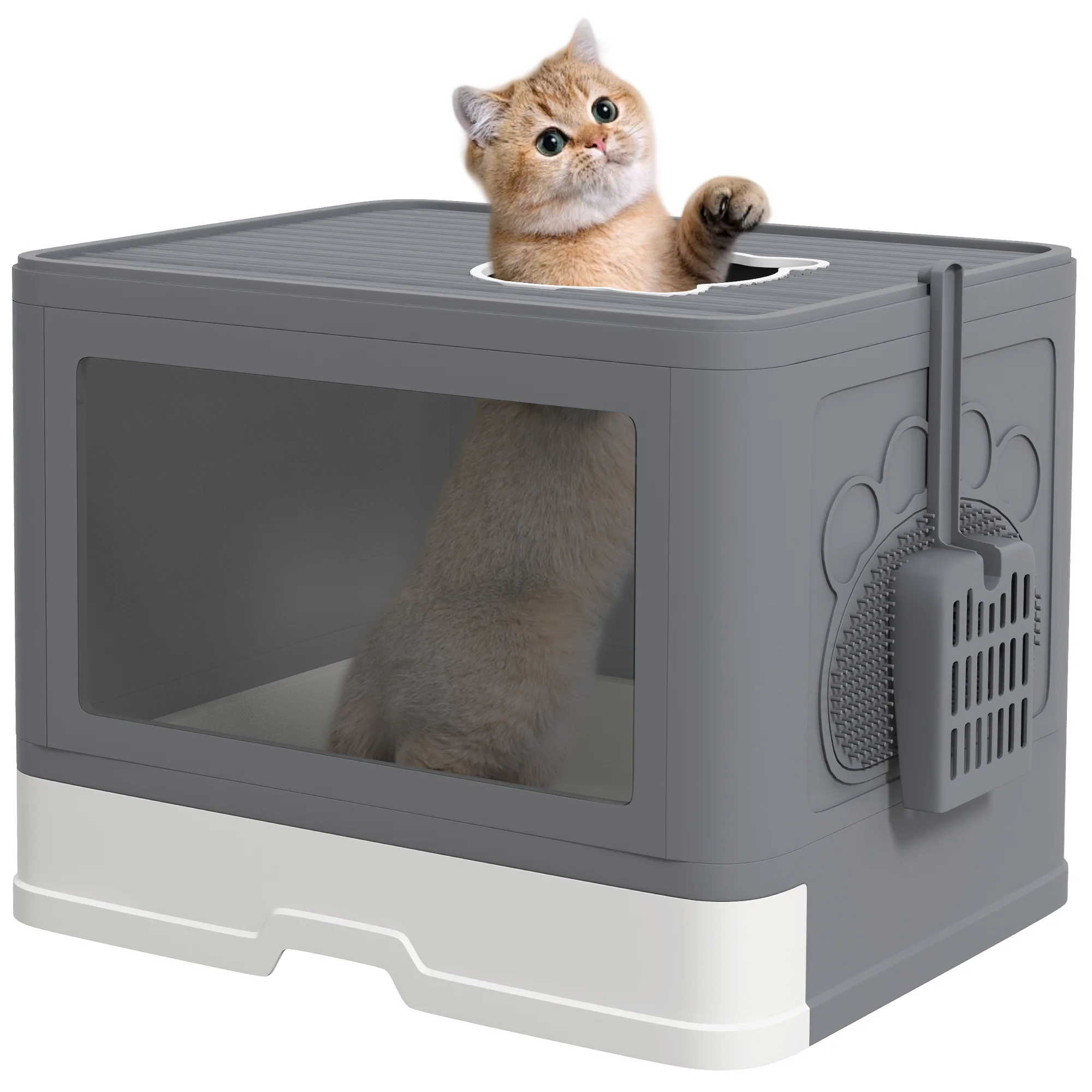 PawHut Arenero para Gatos Cubierto con Pala Cepillo 2 Puertas Entrada Principal y Salida Superior 48,5x38x36,5 cm Gris