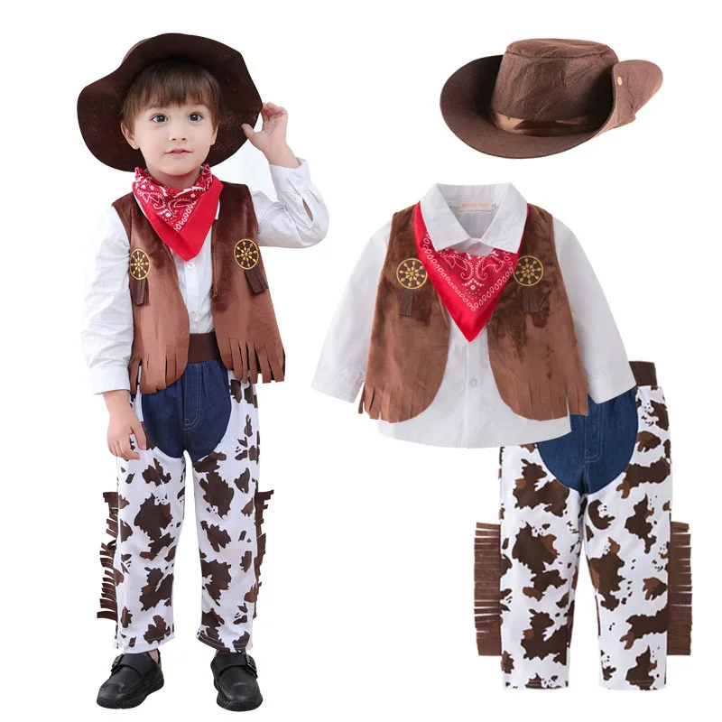 Disfraz de vaquero para bebé, conjunto de 3 piezas, sombrero, bufanda, pelele, evento de Halloween, cumpleaños, vacaciones, trajes de Cosplay, 0-10 años