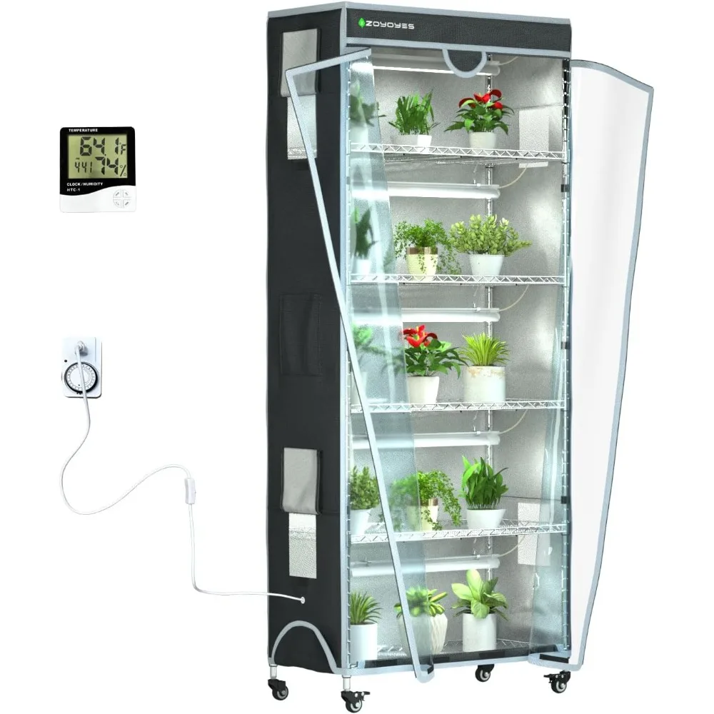 Indoor covered greenhouse, 6 floors with 5 sets of T8 LED growth light plant racks, equipped with thermometer and timer