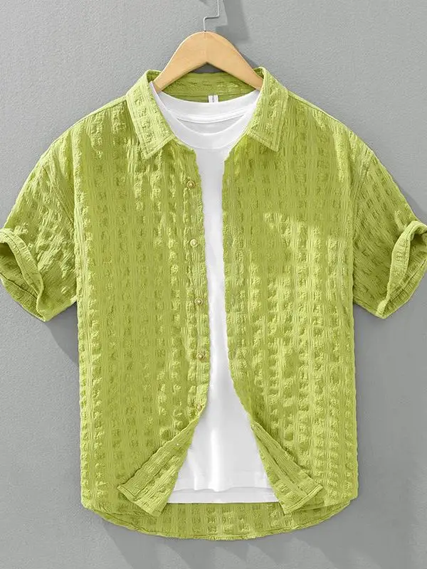 Summer Bubble Short Sleeve Casual Shirt Men's Loose Fit Breathable Thin Style Stand Collar Fashionable Lightweight Top