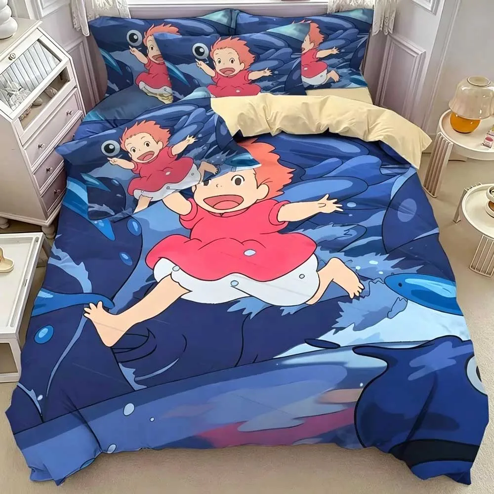 Japanese Cute P-Ponyo Movie on The Cliff Duvet Cover Pillowcase Print Cartoon Bedding Set For Kids Adults Single Double KingSize