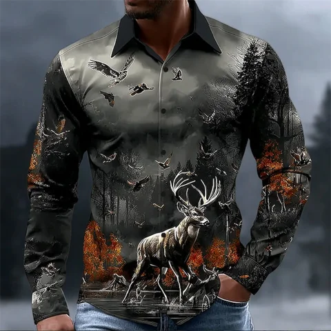 New Floral Deer Pattern Fashion Casual Men's Long Sleeve Formal Shirt Spring Autumn Long Sleeve Lapel Top Shirt