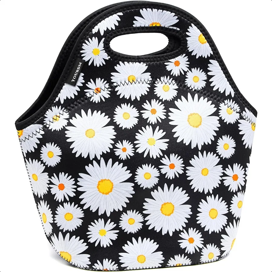 

Neoprene Lunch Bags Thermal Insulated Lunch Tote Bag Reusable Washable Neoprene Picnic Bag for Women Men Girls Daisy flowers