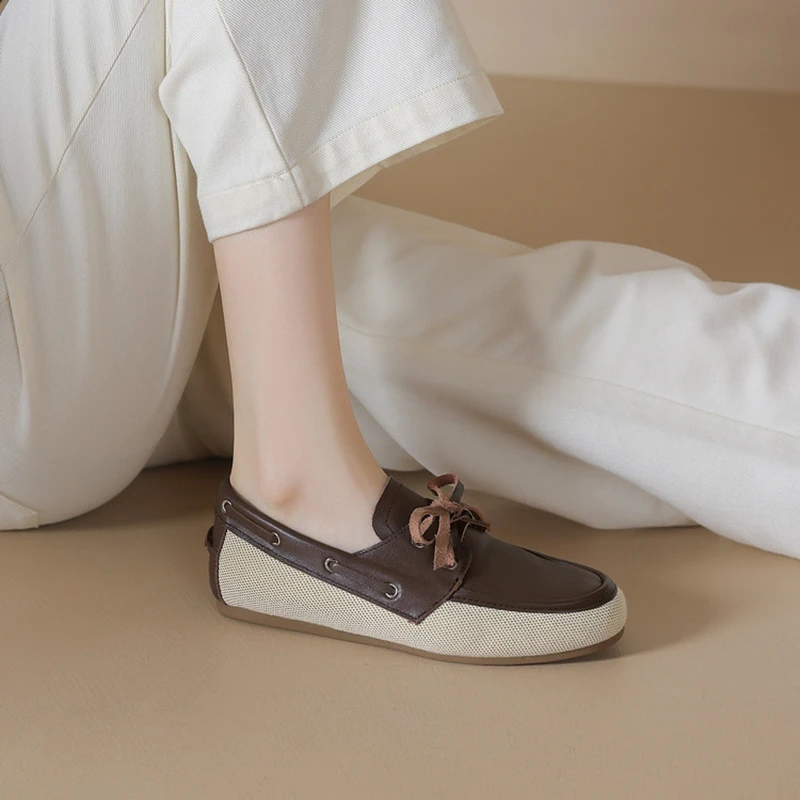 NEW Spring/Autumn Women Loafers Genuine Leather Shoes for Women Round Toe Low Heel Shoes Casual Mixed Colors Lace-up Daily Shoes