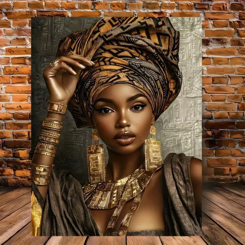 African Tribal Woman Metal Wall Art - 2D Printed Tin Sign with Gold Jewelry & Patterned Headwrap, Iron Material, Boho Decor for