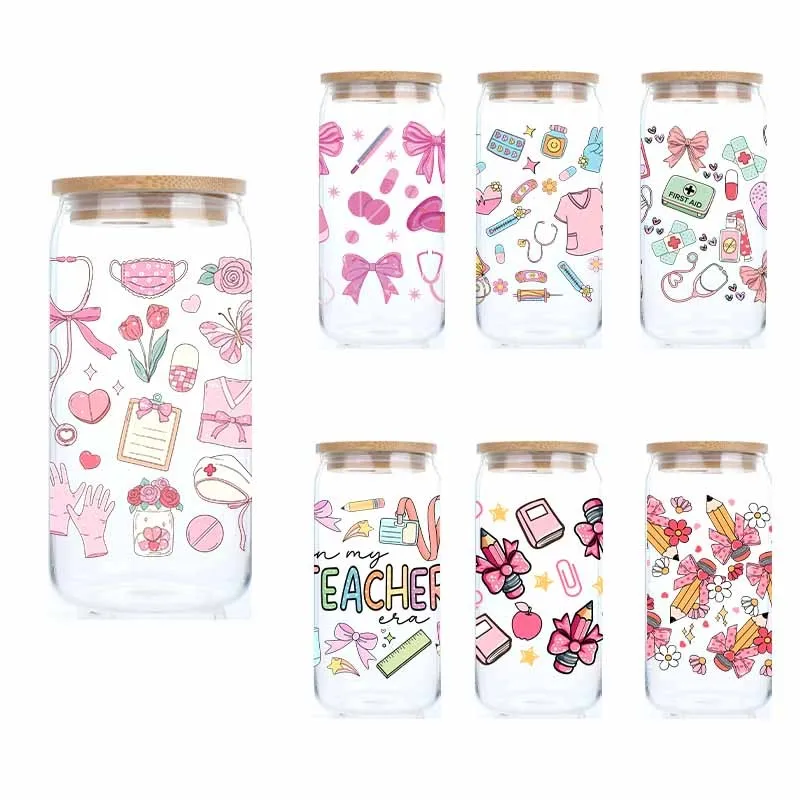 

Nurse Day 16oz Teachers'Day Glass Tumbler Mason Jar Shaped Water Bottle with Lid and Straw for Iced Coffee Juice Drinking Cup