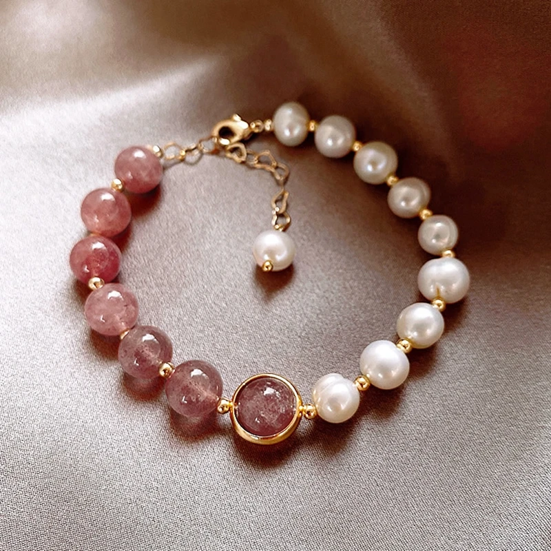 

Natural Strawberry Quartz&Baroque Irregular Freshwater Pearls Splicing Beaded Strand Bracelet for Women Female Fine Jewelry Gift