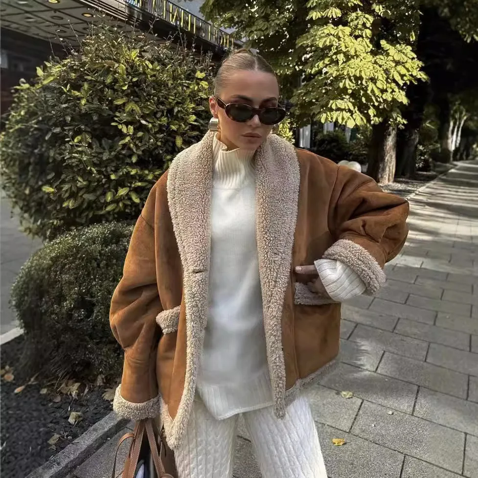 

2025 Autumn Winter New Fashion Plus Size Loose Suede Shearling One-piece Turn-down Collar Coat for Women