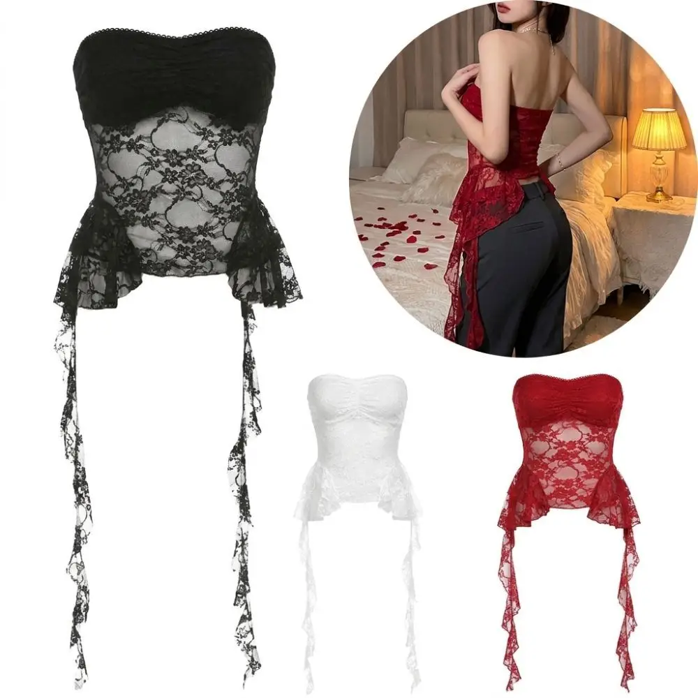 Strapless Neckline Lace Crop Top Mesh Panel Irregular Hem Mesh Top Fitted Silhouette Asymmetrical Drape Bodycon Tank Going Out