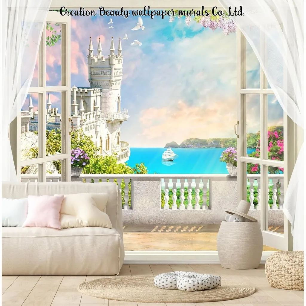 

Window Seascape Mural Castle Garden Sea View Wallpapers for Bedroom Living Room Background Wall Paper Home Decor Papel Tapiz