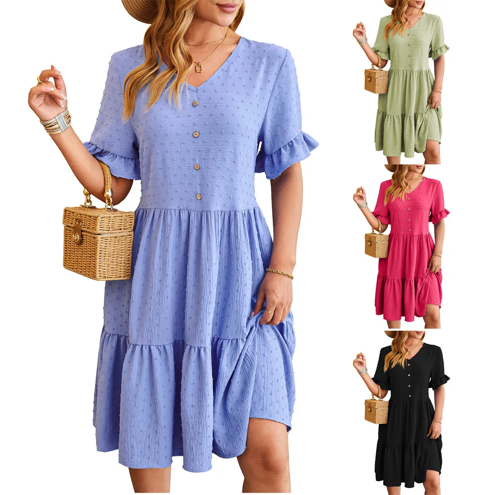 

2024 Spring Summer New Fashionable V-neck Jacquard Waist Women'Dress Minimalist 5/4 Sleeves Pleated Female Vestidos