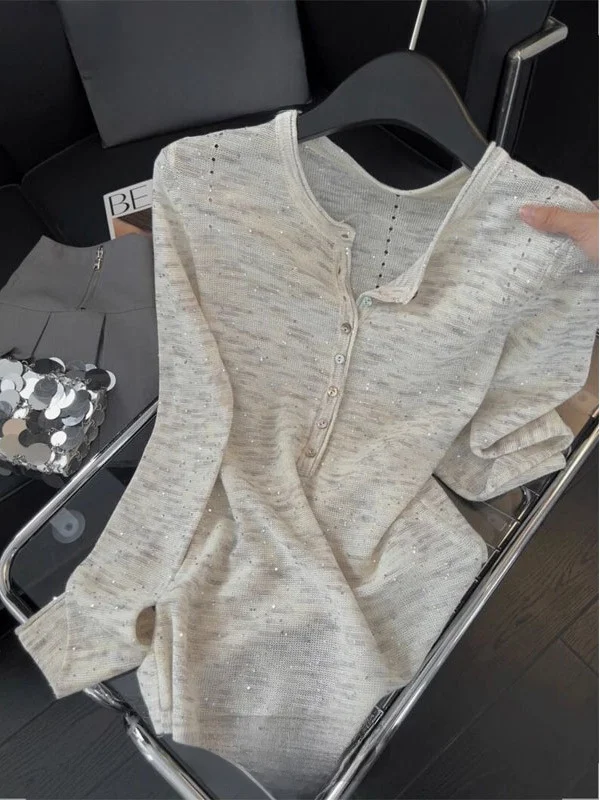 

American Sle iny Diamond Knitted Top Women's Basic V-Ne Long Sve Slim Fit Base Layer Spring New Korean Sle Commute
