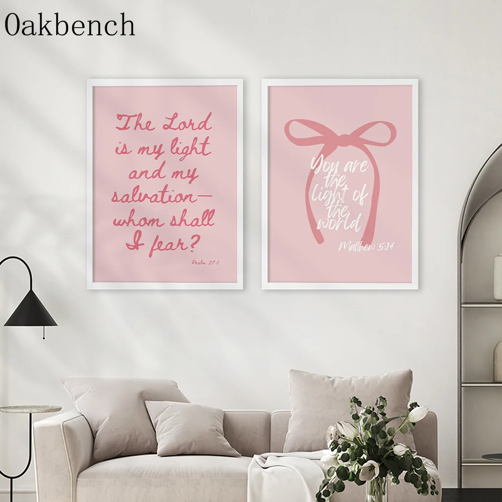 Pink Psalm 27:1 Matthew 5:14 Wall Art Bowknot Inspirational Quote Canvas Paintings Bible Verse Poster Living Room Decoration