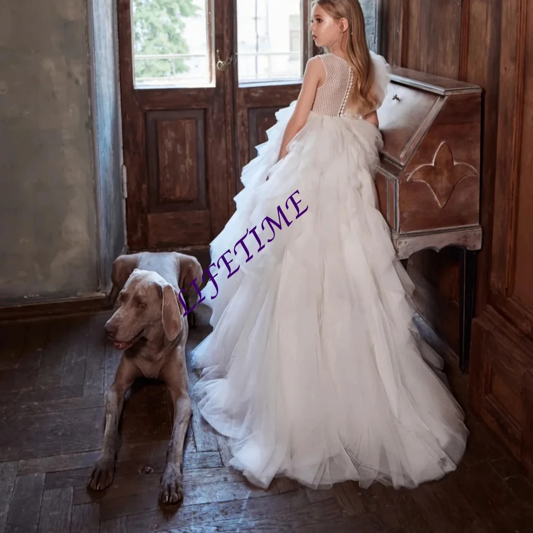 Princess Gown for Kids Puffy Sequined Beaded Tulle Dress with Luxurious Lace Appliques for Stage Performance And Parties Girls C