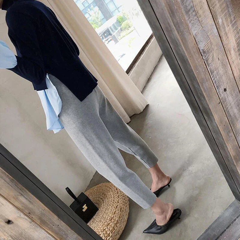 Autumn Winter High Waist Knitted Women Pants Solid Color Loose Ankle-length Harem Pants Streetwear Fashion Elastic Womens Pants