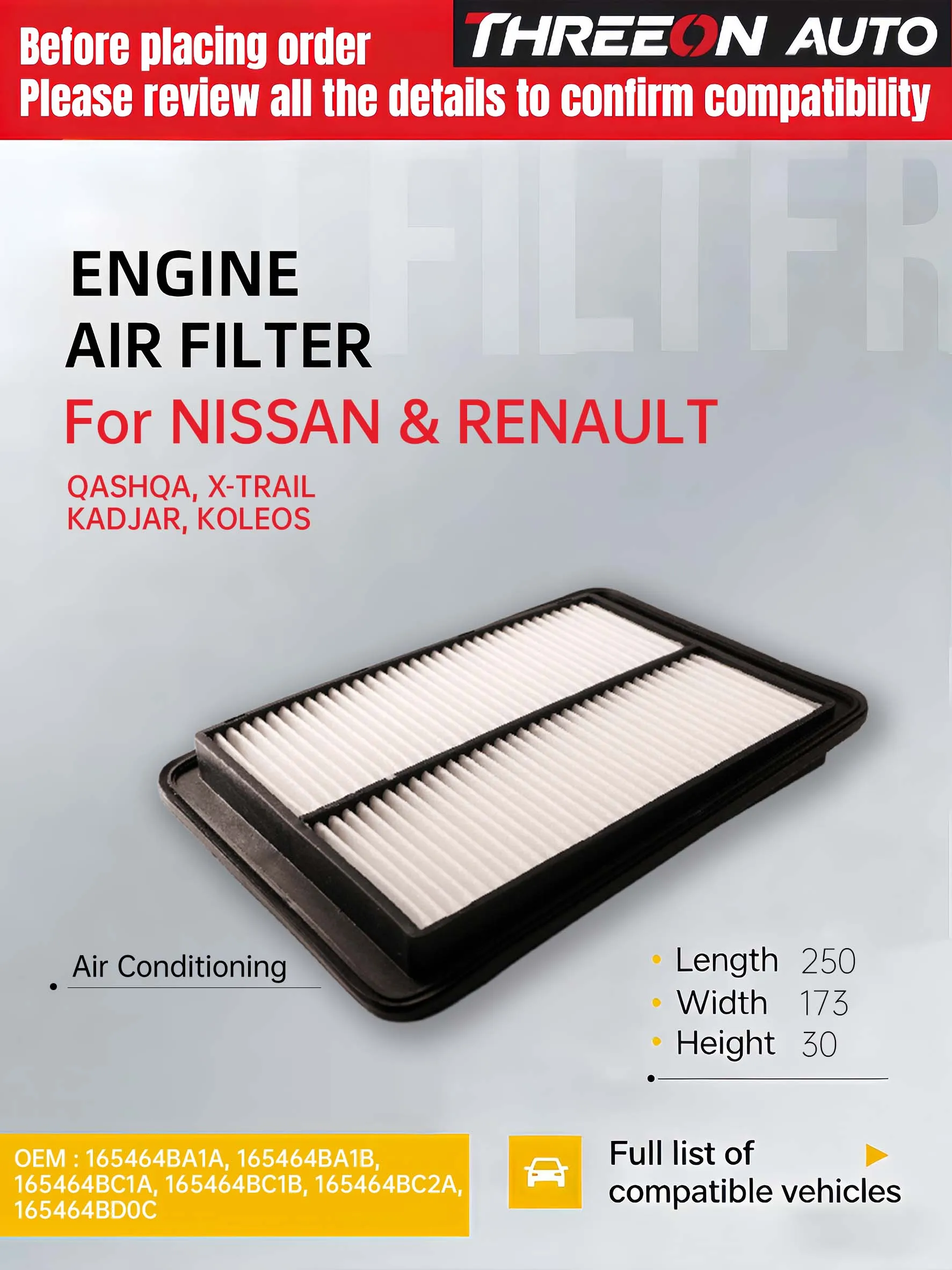 

For NISSAN Rogue Pulsar Qashqai II 1.5dCi X-TRAIL III For RENAULT Kadjar Koleos II WESTGUARD Air Filter MA2030 165464BA1B