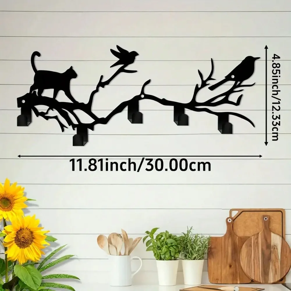 Iron Branch Cat Bird Wall Decor, Metal Hook for Entryway, Animal Home Office Art, Gift