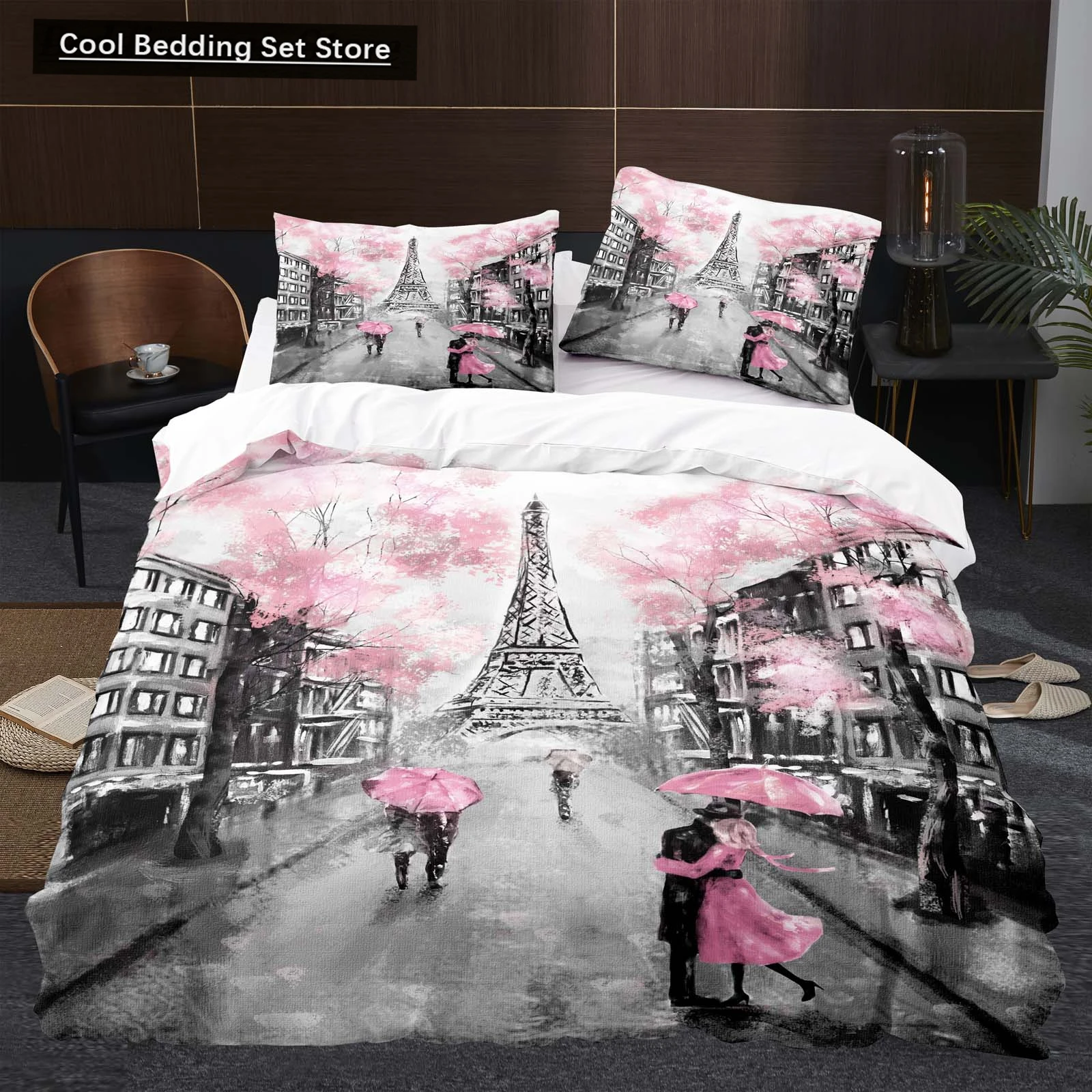 

Eiffel Tower Flowers King Queen Duvet Cover Famous Architecture In Paris Bedding Set for Women Romantic Polyester Quilt Cover