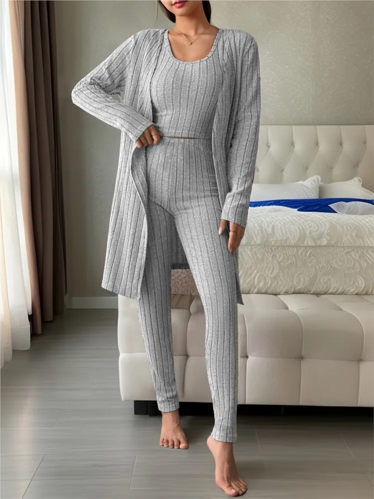 

Fashion Knitted Vest Trousers Jacket Women's 3-piece Winter New Casual Home Wear Cardigan Coat Slim Pencil Foot Trousers Suit
